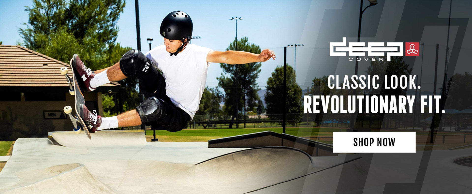 Person skateboarding at a park wearing a Triple Eight Deep Cover skate helmet and the text "Classic Look. Revolutionary Fit. Shop Now."