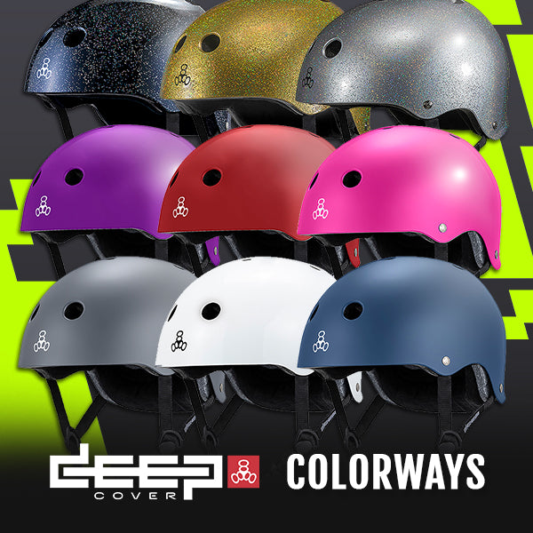 Collection of colorful Triple Eight helmets with Deep Cover logo on a black and green background